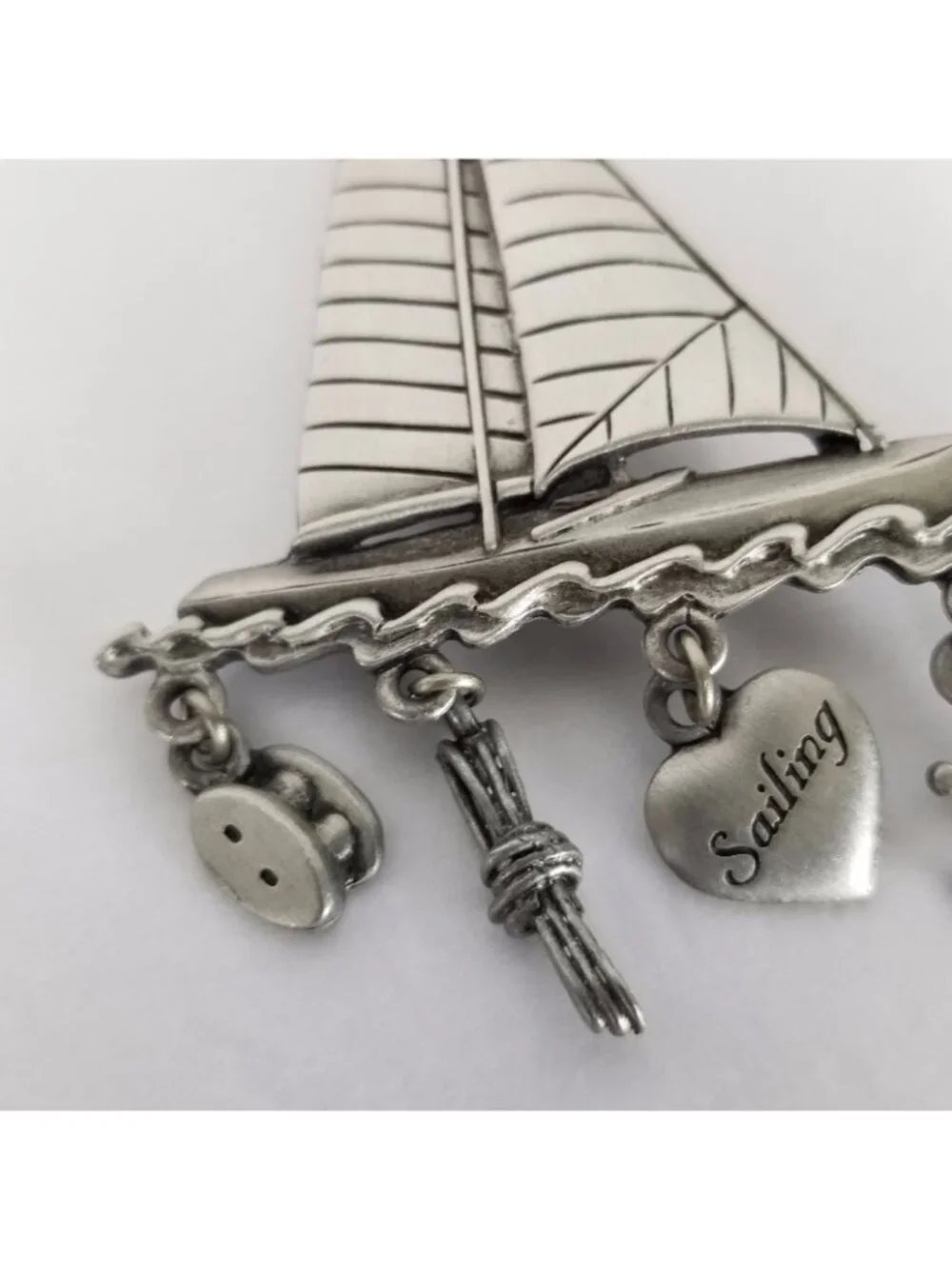 J.J. Sailboat with dangling nautical charms pewter Pin Brooch Vintage 1980's